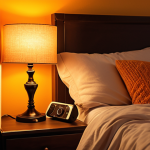 **Warm, ambient bedroom lighting scene:** A cozy bedroom illuminated with soft, warm-toned lights (oranges, yellows). Focus on a bedside lamp with adjustable brightness and color temperature. Include a blurred background showing a darkened window with heavy curtains. The overall feeling should be relaxing and conducive to sleep. No visible screens or electronic devices.