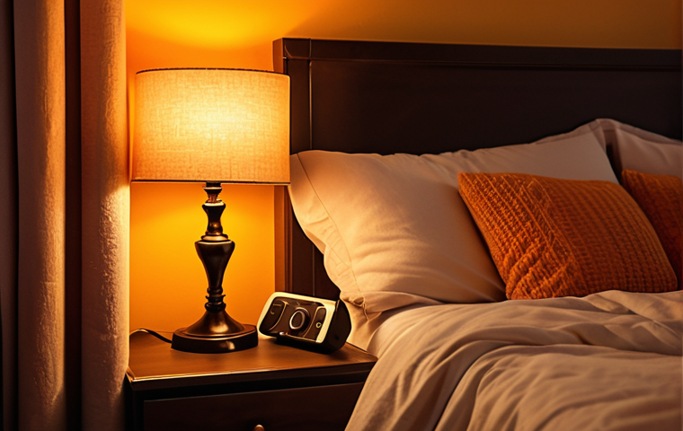 **Warm, ambient bedroom lighting scene:** A cozy bedroom illuminated with soft, warm-toned lights (oranges, yellows). Focus on a bedside lamp with adjustable brightness and color temperature. Include a blurred background showing a darkened window with heavy curtains. The overall feeling should be relaxing and conducive to sleep. No visible screens or electronic devices.