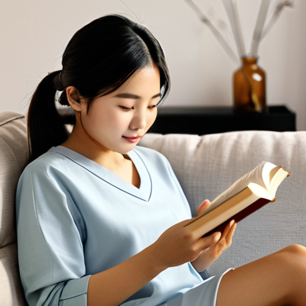 A professional Vietnamese woman in modest, comfortable loungewear, gently reading a book on a soft sofa in a cozy living room. The room is illuminated by warm, dimmable LED lighting, specifically set to a soft, amber glow (around 2700K) to promote relaxation and prepare for sleep. The atmosphere is calm and serene. **fully clothed, modest clothing, appropriate attire, safe for work, appropriate content, family-friendly, perfect anatomy, correct proportions, natural pose, well-formed hands, proper finger count, natural body proportions.**