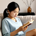 A professional Vietnamese woman in modest, comfortable loungewear, gently reading a book on a soft sofa in a cozy living room. The room is illuminated by warm, dimmable LED lighting, specifically set to a soft, amber glow (around 2700K) to promote relaxation and prepare for sleep. The atmosphere is calm and serene. **fully clothed, modest clothing, appropriate attire, safe for work, appropriate content, family-friendly, perfect anatomy, correct proportions, natural pose, well-formed hands, proper finger count, natural body proportions.**
