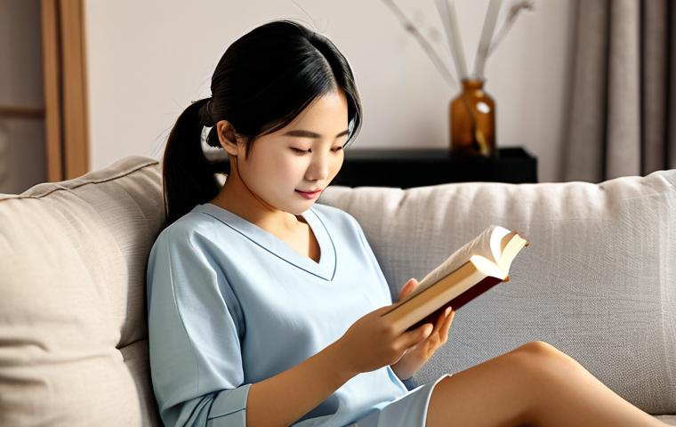 A professional Vietnamese woman in modest, comfortable loungewear, gently reading a book on a soft sofa in a cozy living room. The room is illuminated by warm, dimmable LED lighting, specifically set to a soft, amber glow (around 2700K) to promote relaxation and prepare for sleep. The atmosphere is calm and serene. **fully clothed, modest clothing, appropriate attire, safe for work, appropriate content, family-friendly, perfect anatomy, correct proportions, natural pose, well-formed hands, proper finger count, natural body proportions.**