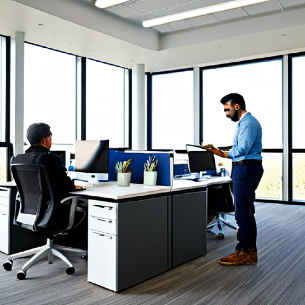 서큘래딘 조명 설계와 고객 경험 디자인 - **Prompt:** A modern office space with large windows showcasing natural daylight, professional emplo...