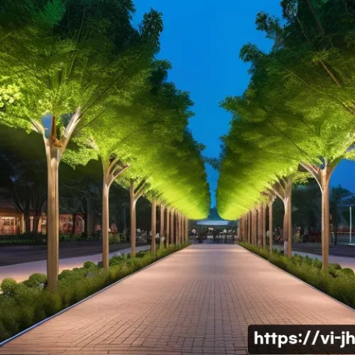 서큘래딘 조명 설계의 시장 요구 분석 - A modern urban park at dusk featuring Circladin LED street lamps with circular designs emitting soft...