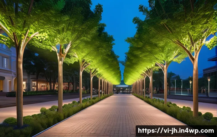 서큘래딘 조명 설계의 시장 요구 분석 - A modern urban park at dusk featuring Circladin LED street lamps with circular designs emitting soft...