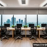 서큘래딘 조명 설계에서의 기술 혁신 - A modern Vietnamese office interior illuminated by advanced LED lighting, showcasing sleek LED panel...