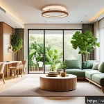 서큘래딘 조명 설계의 효율성 극대화 전략 - A modern living room interior illuminated by Circuladin lighting technology, featuring a gentle rota...