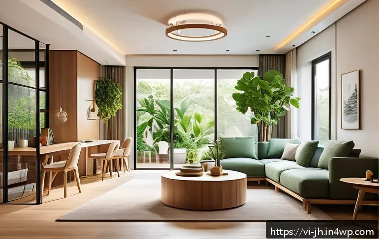 서큘래딘 조명 설계의 효율성 극대화 전략 - A modern living room interior illuminated by Circuladin lighting technology, featuring a gentle rota...