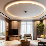 Home 17 서큘래딘 조명 설계에서의 기술적 도전 과제 - A modern Vietnamese living room illuminated by Circuladin LED ceiling lights with a circular design,...