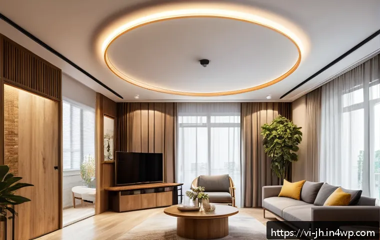 서큘래딘 조명 설계에서의 기술적 도전 과제 - A modern Vietnamese living room illuminated by Circuladin LED ceiling lights with a circular design,...
